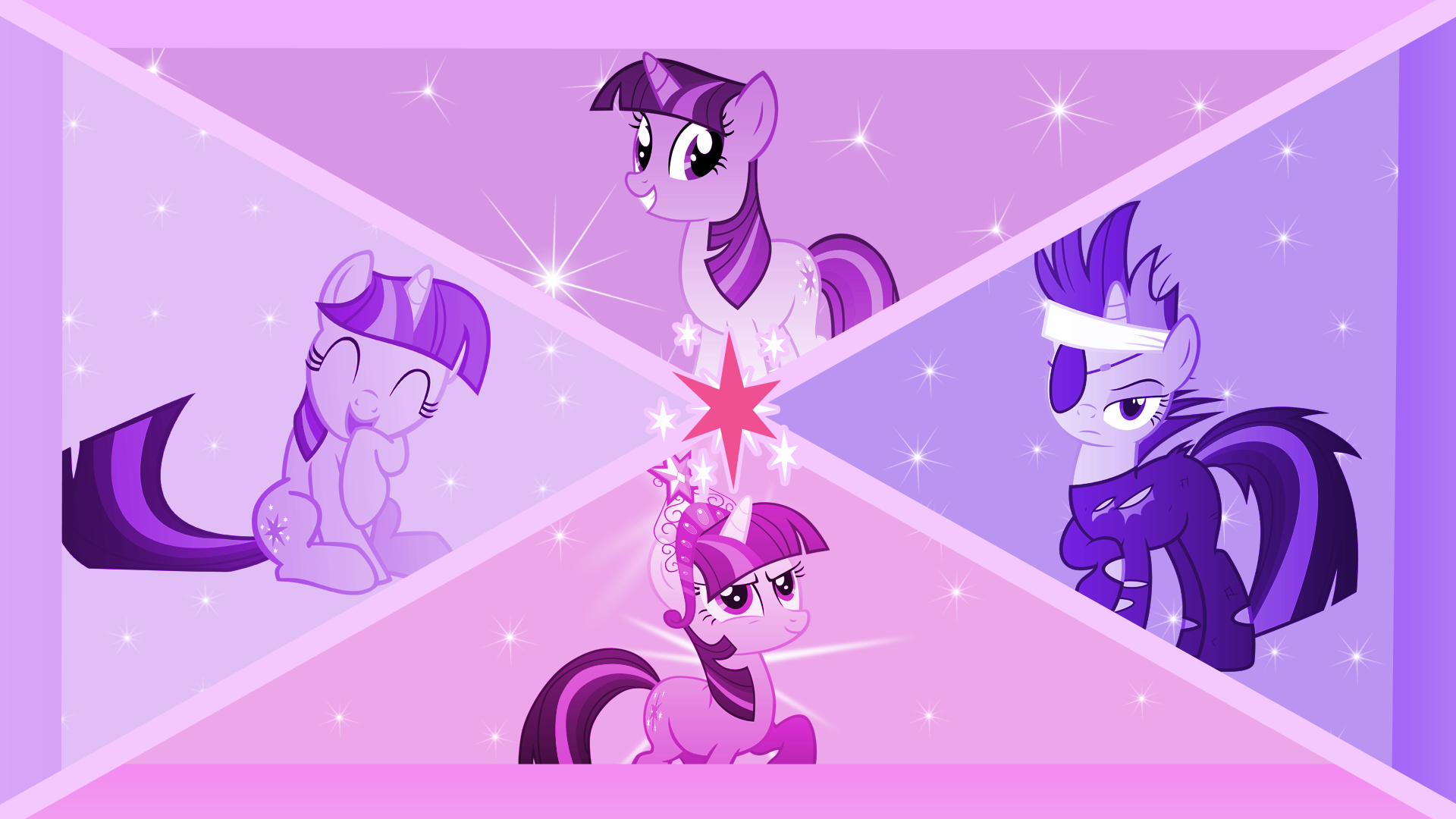 Twilight Sparkle Split Screen Wallpaper by BlackGryph0n, HankOfficer, Liggliluff, marco23p, Scootaloooo and ZuTheSkunk