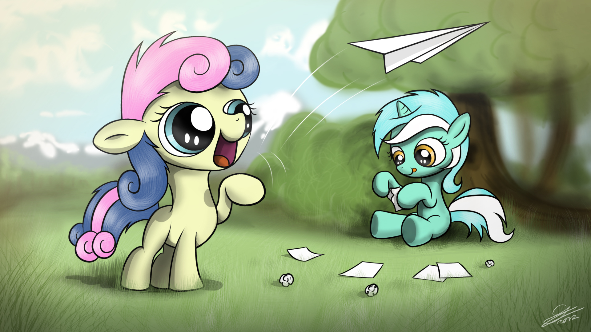 Lyra and Bon Bon flying paper airplanes by Dori-to
