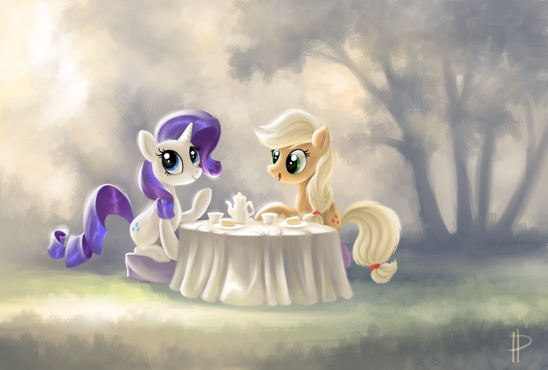 Rarity and Applejack. At breakfast. by Rom-Art