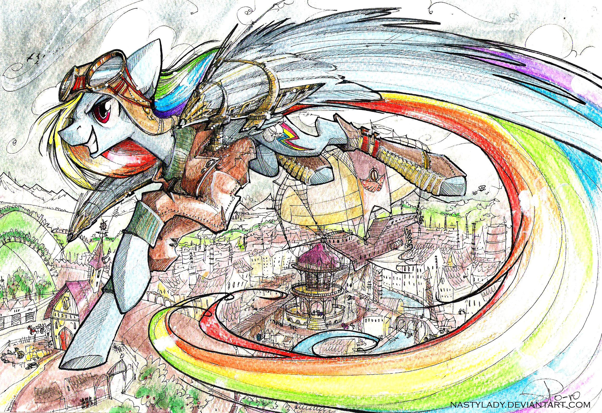 Steampunk Ponyville and Rainbow Dash Flying By by NastyLady