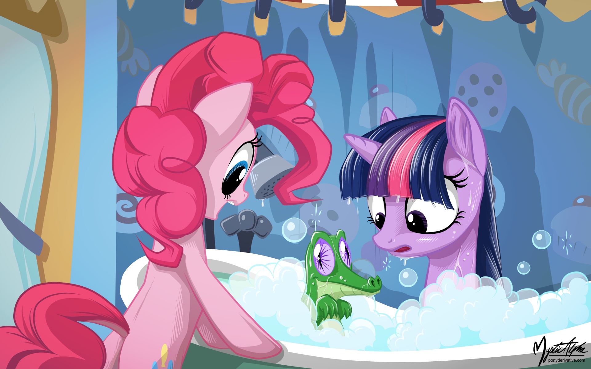 Twilight, Pinkie and Gummy - Bath Time by mysticalpha