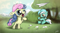 Lyra and Bon Bon flying paper airplanes