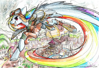 Steampunk Ponyville and Rainbow Dash Flying By