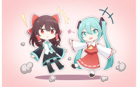 chibi, hatsune miku, Hatsune Miku / 初音&灵梦