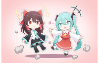 chibi, hatsune miku, Hatsune Miku / 初音&灵梦